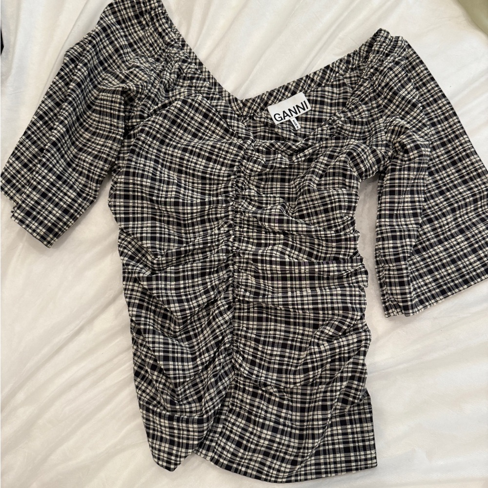 GANNI Ruched Gingham Check Blouse Top in Black / White size XS 32